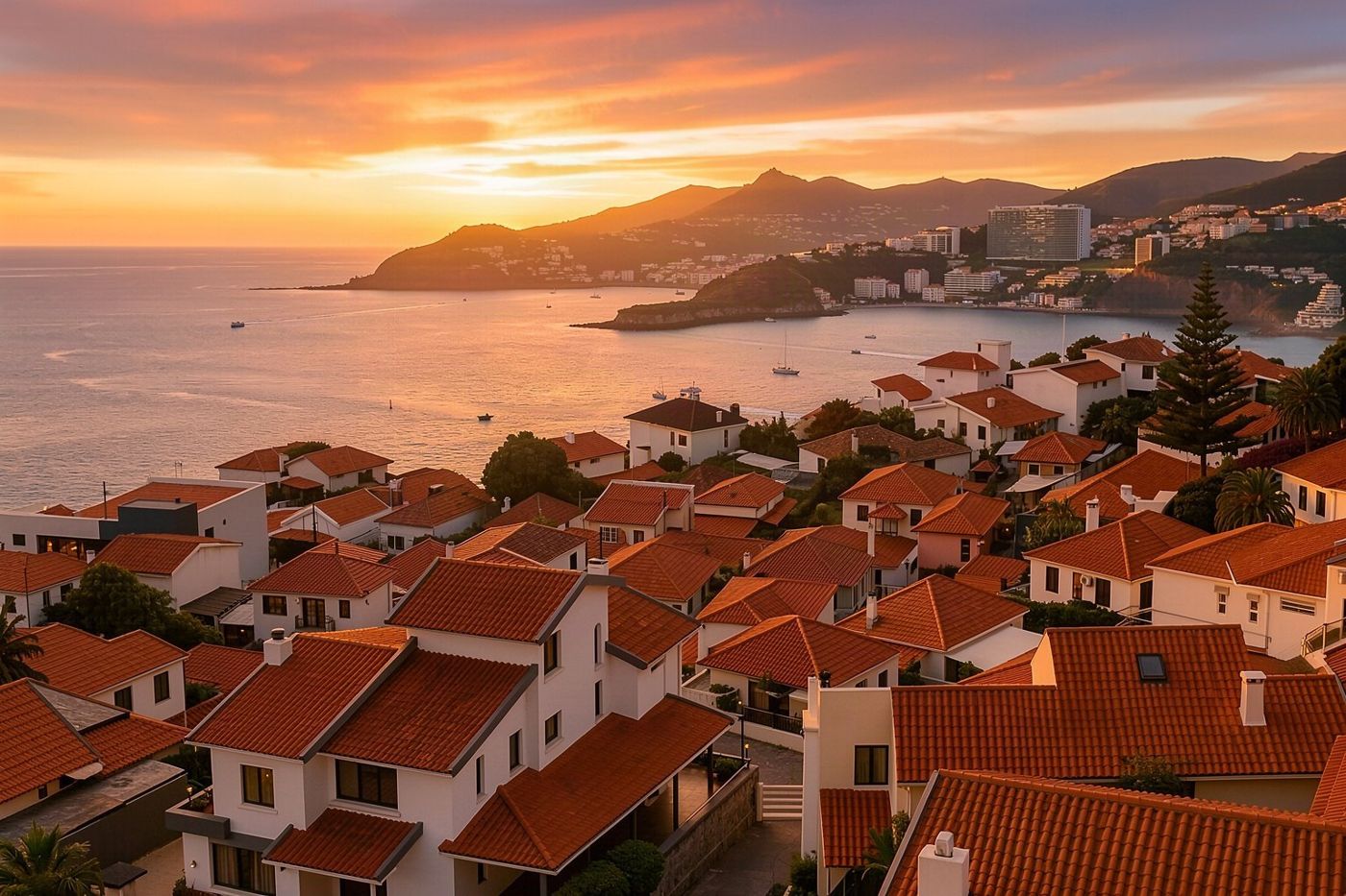 A hotel terrace above the bay in Funchal at sunset