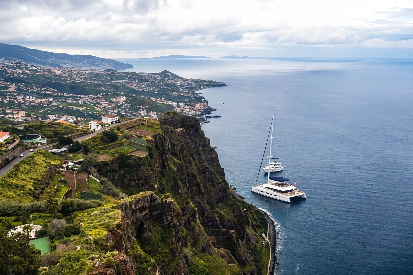 A white yacht cruising past steep vertical cliffs rising dramatically from the sea.