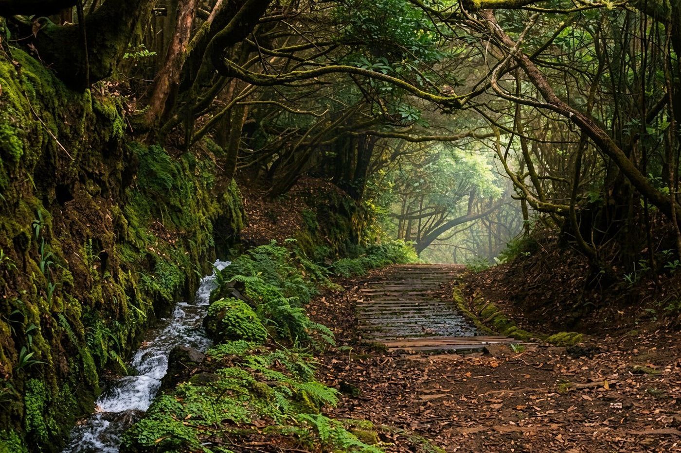 Un canal d'eau bordé de pierres traverse une forêt luxuriante verte sur un sentier de randonnée modéré dans le nord de Madère.