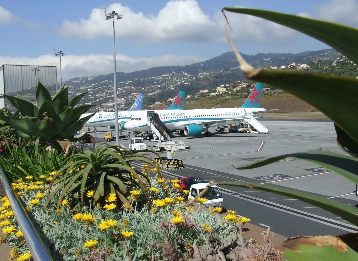 Modern Madeira Havalimanı terminali girişinin önünde yolcuları bekleyen beyaz minibüs.