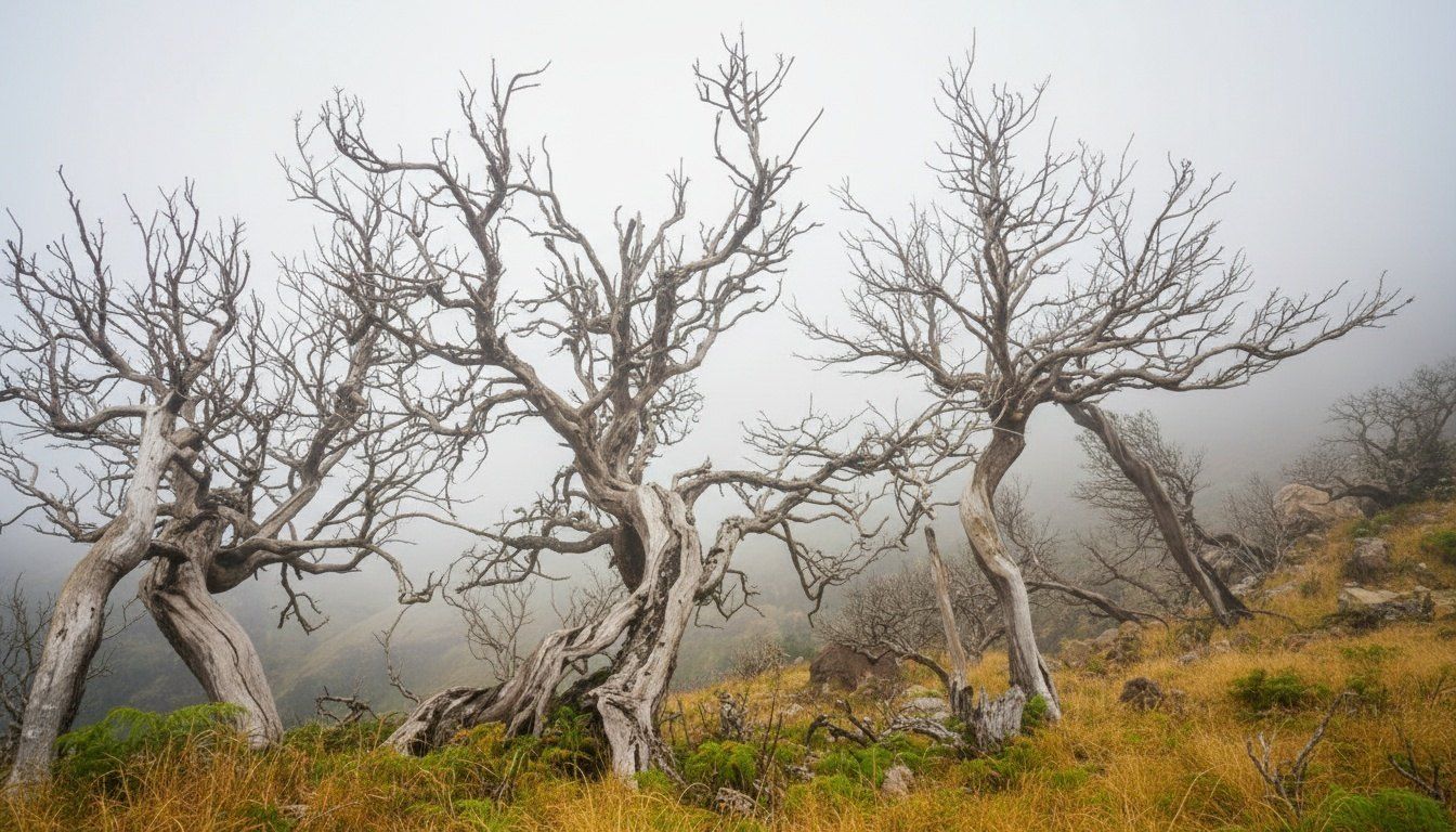 Tall ancient laurel trees rising from the ground in a foggy forest setting near Fanal.