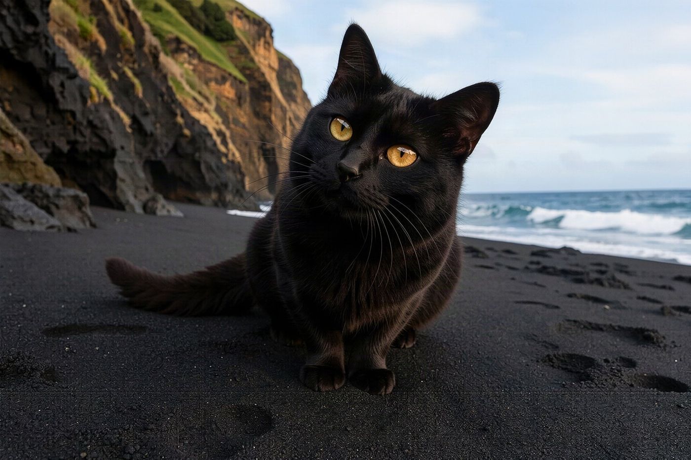 A stretch of dark volcanic sand lying at the base of high cliffs on the north coast.
