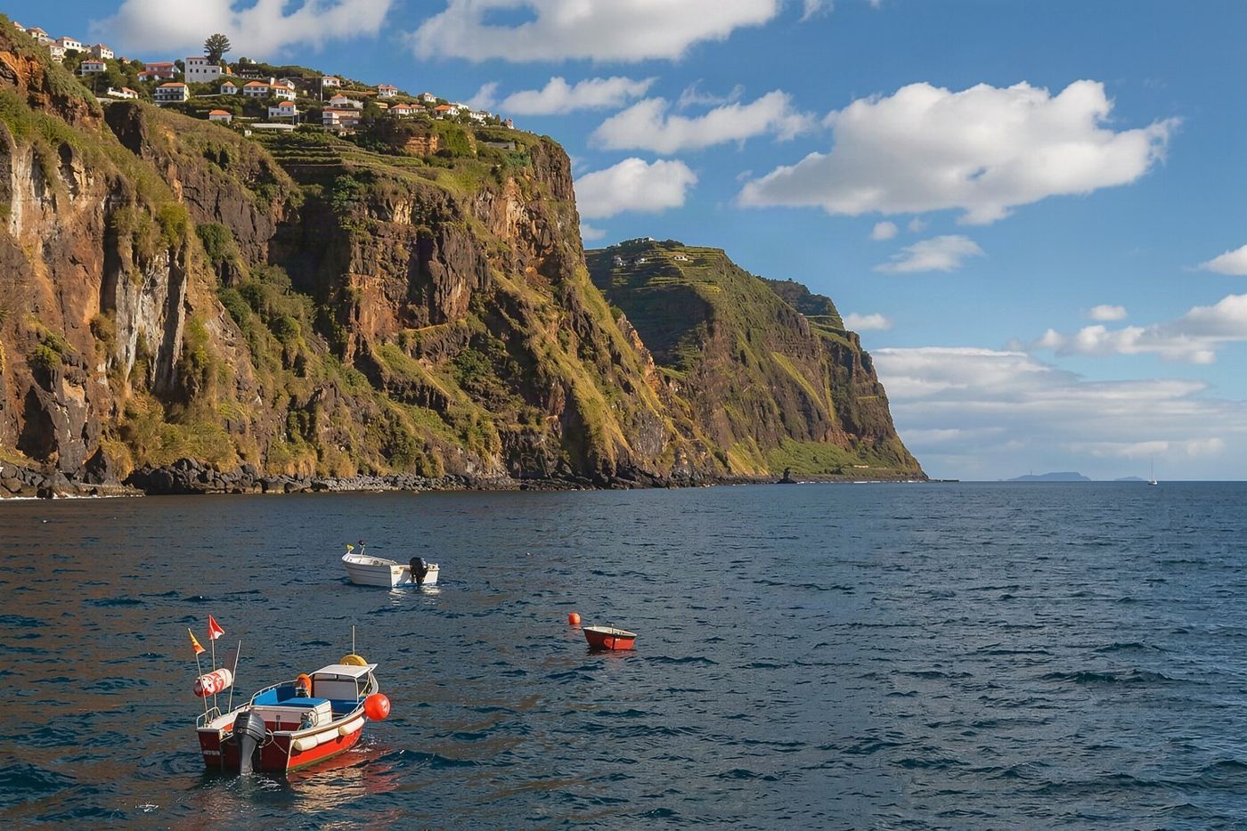 Mehrere kleine Touristenboote, die unter bewölktem Himmel bereitstehen, um vom belebten Yachthafen in Funchal abzulegen.