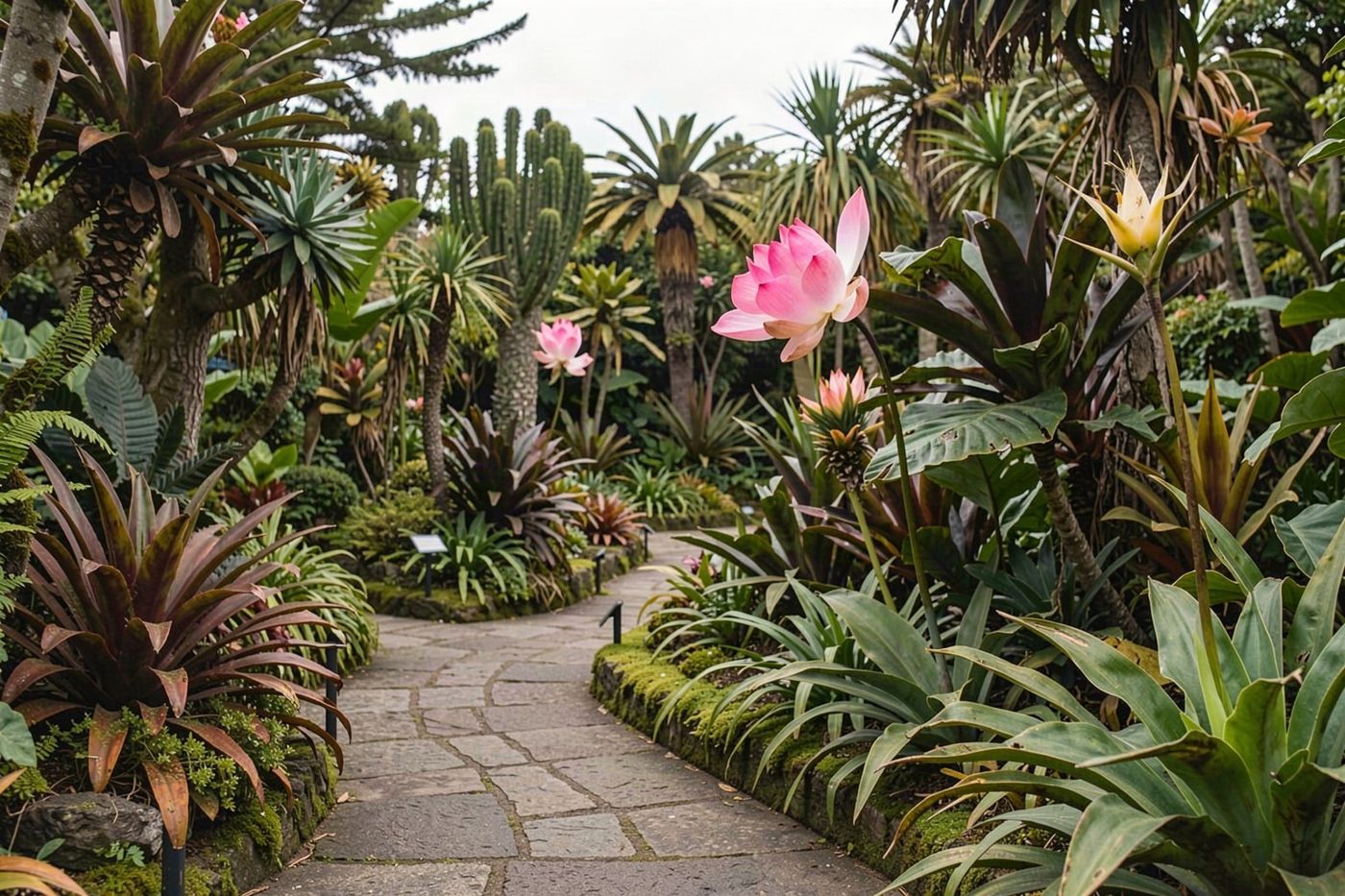 Un drum pavat sinuos prin flora tropicală densă și vibrantă din Grădina Botanică din Funchal.