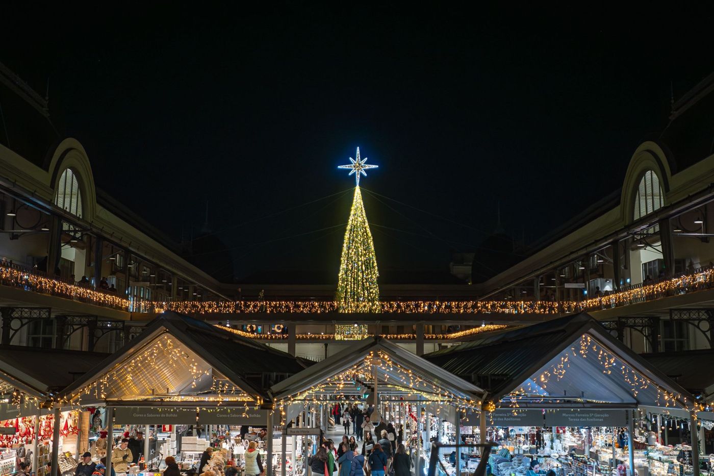 Decorated market stalls and festive lighting in the Largo da Restauração square in Funchal.