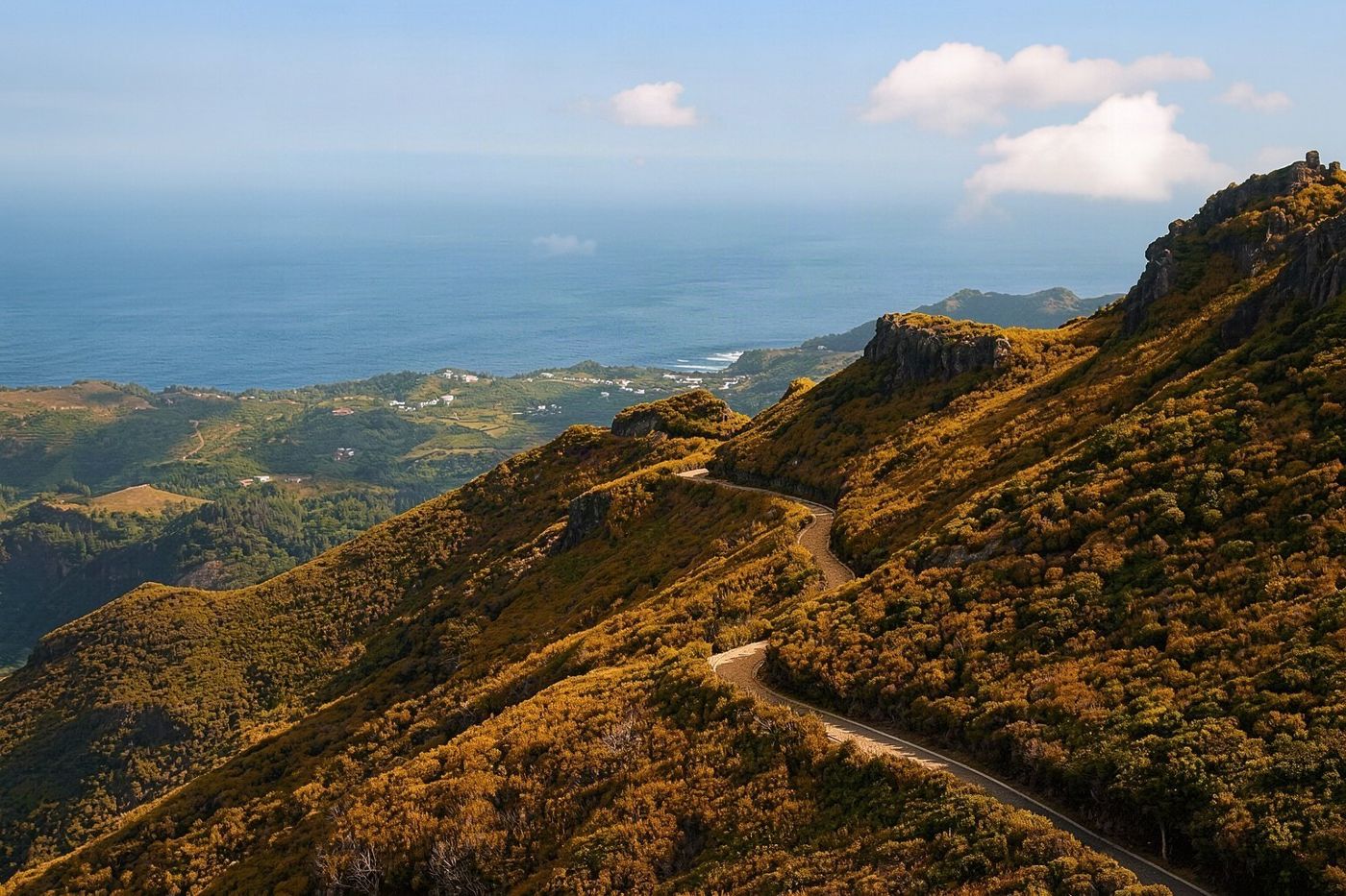 Un senderista camina por un camino costero expuesto con vistas a toda la isla de este a oeste.