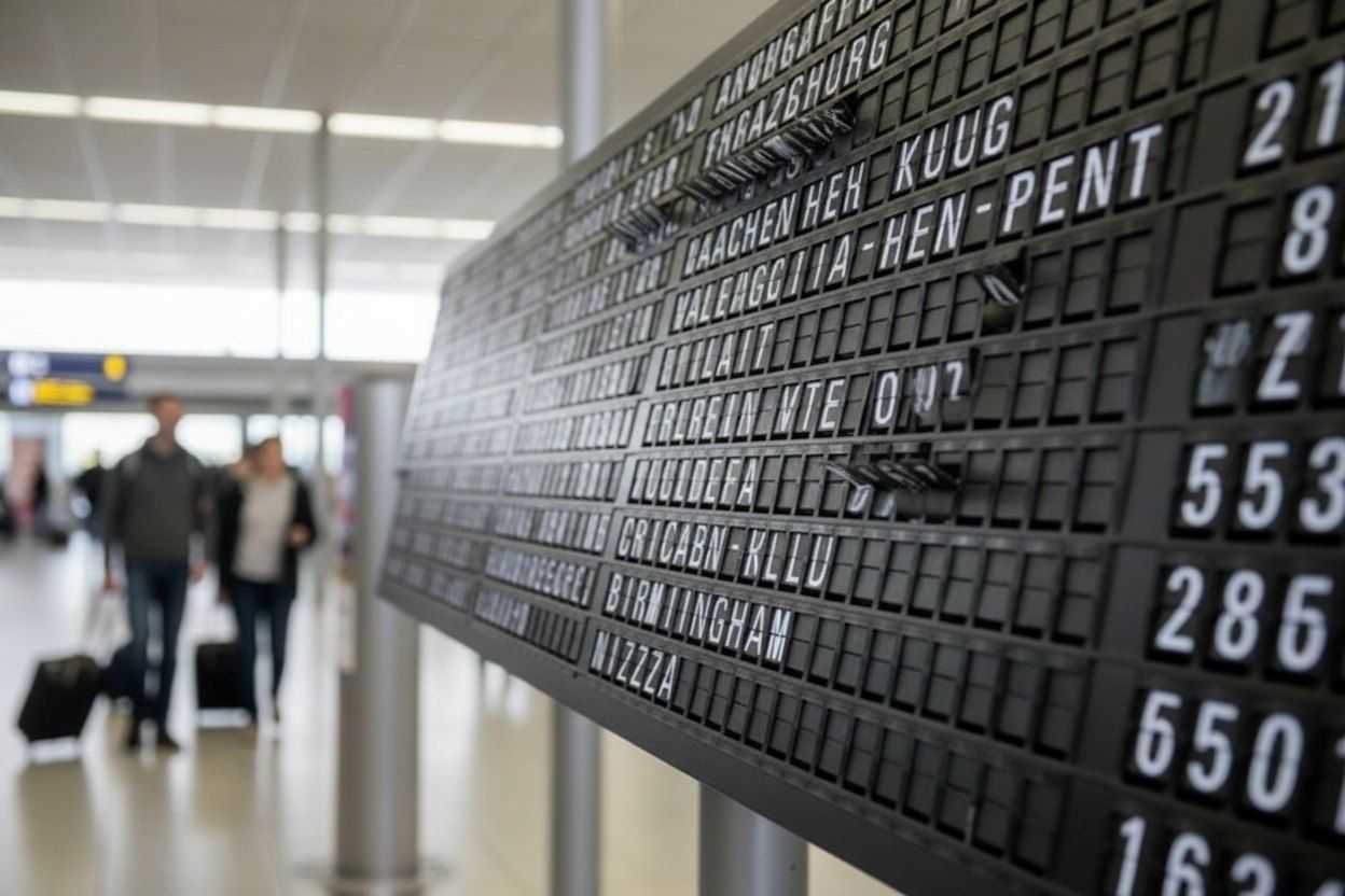 Electronic display board listing flight destinations and times above a busy airport check-in area.