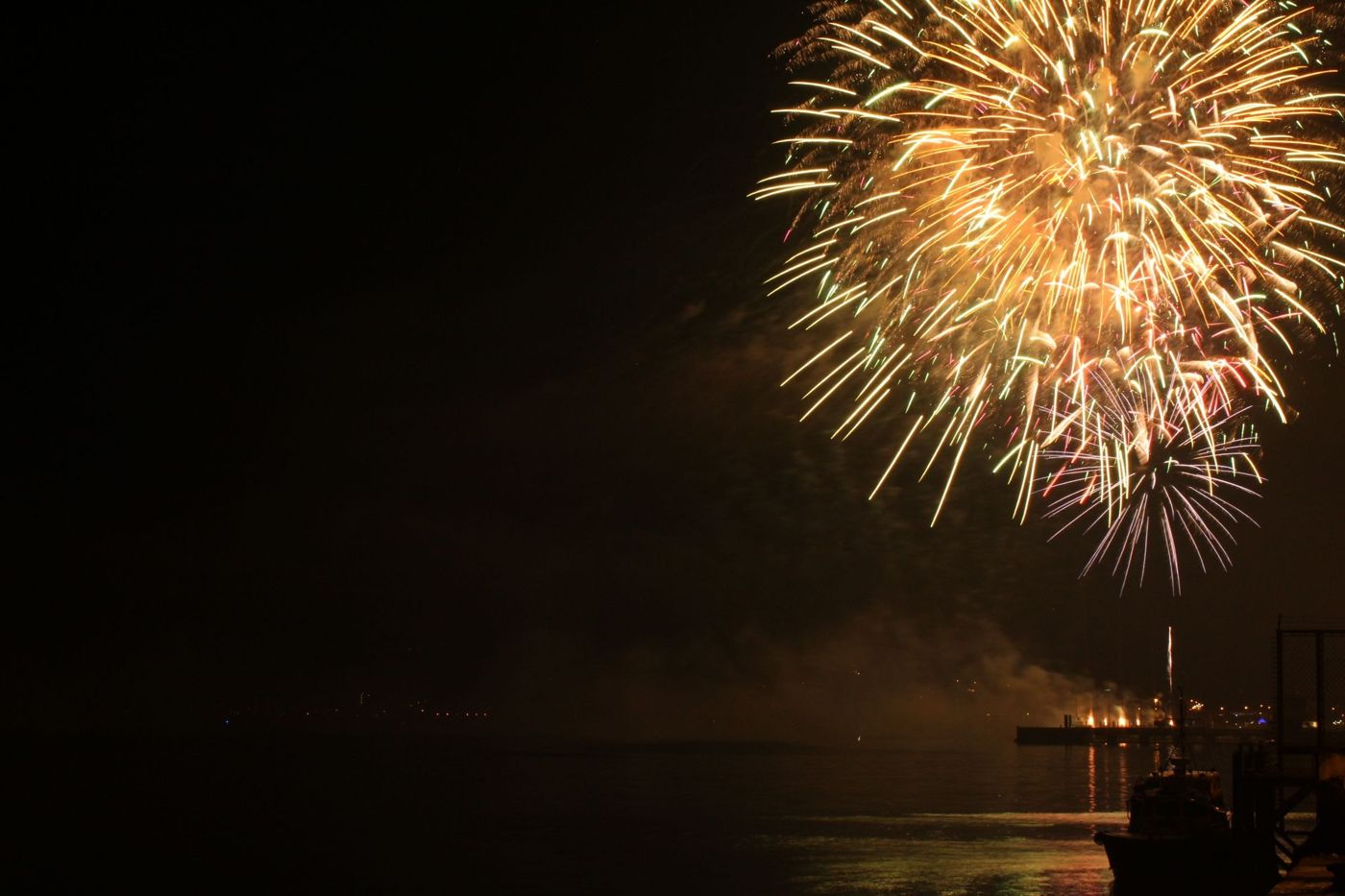Colourful fireworks exploding over the harbour and city skyline of Funchal during a summer festival.