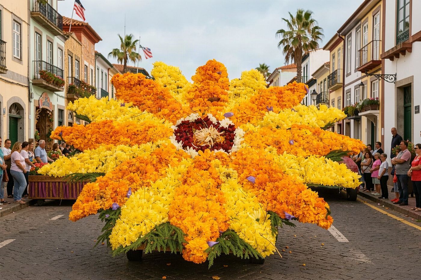 Des chars colorés et élaborés décorés de fleurs fraîches circulant dans les rues bondées de Funchal.