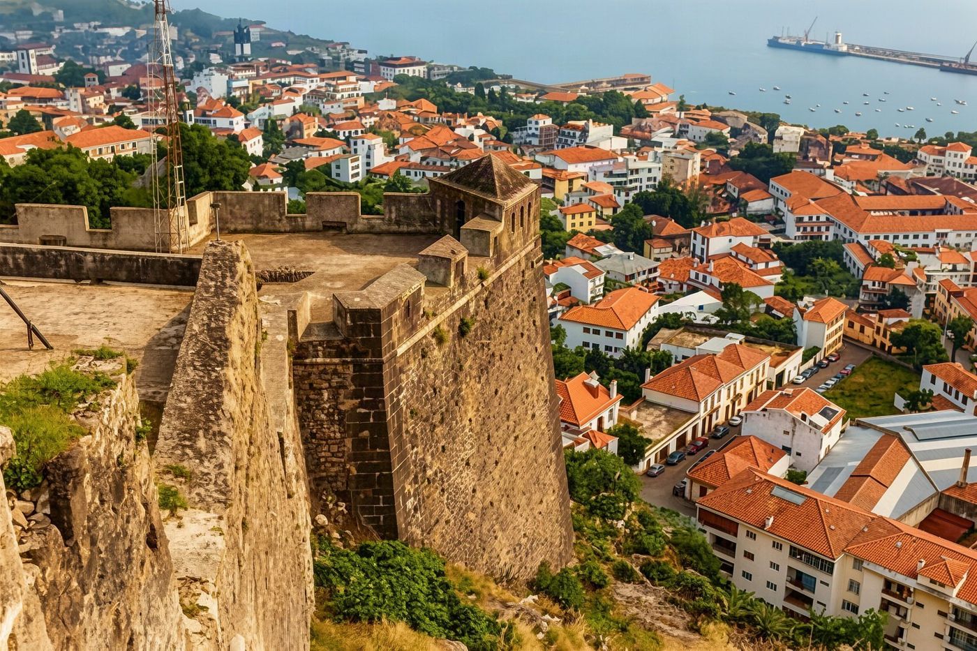 Un forte storico in pietra sulla cima di una collina che domina la città e il mare di Funchal.