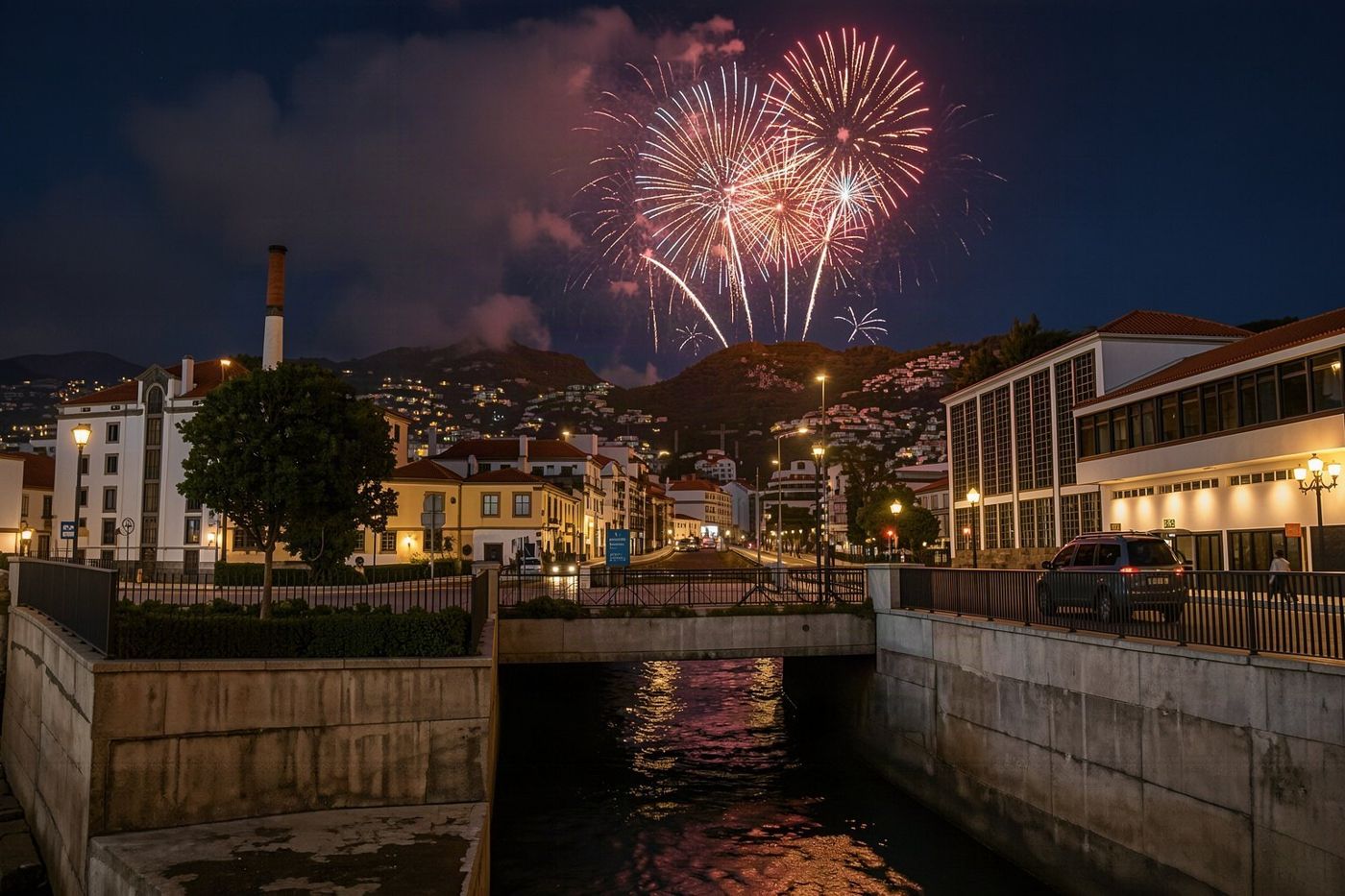 The Fortaleza do Pico illuminated against the night sky above Funchal with fireworks exploding in the distance.