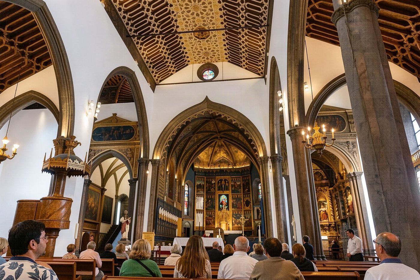 The intricate cedar wood ceiling inside the Sé Cathedral in Funchal.