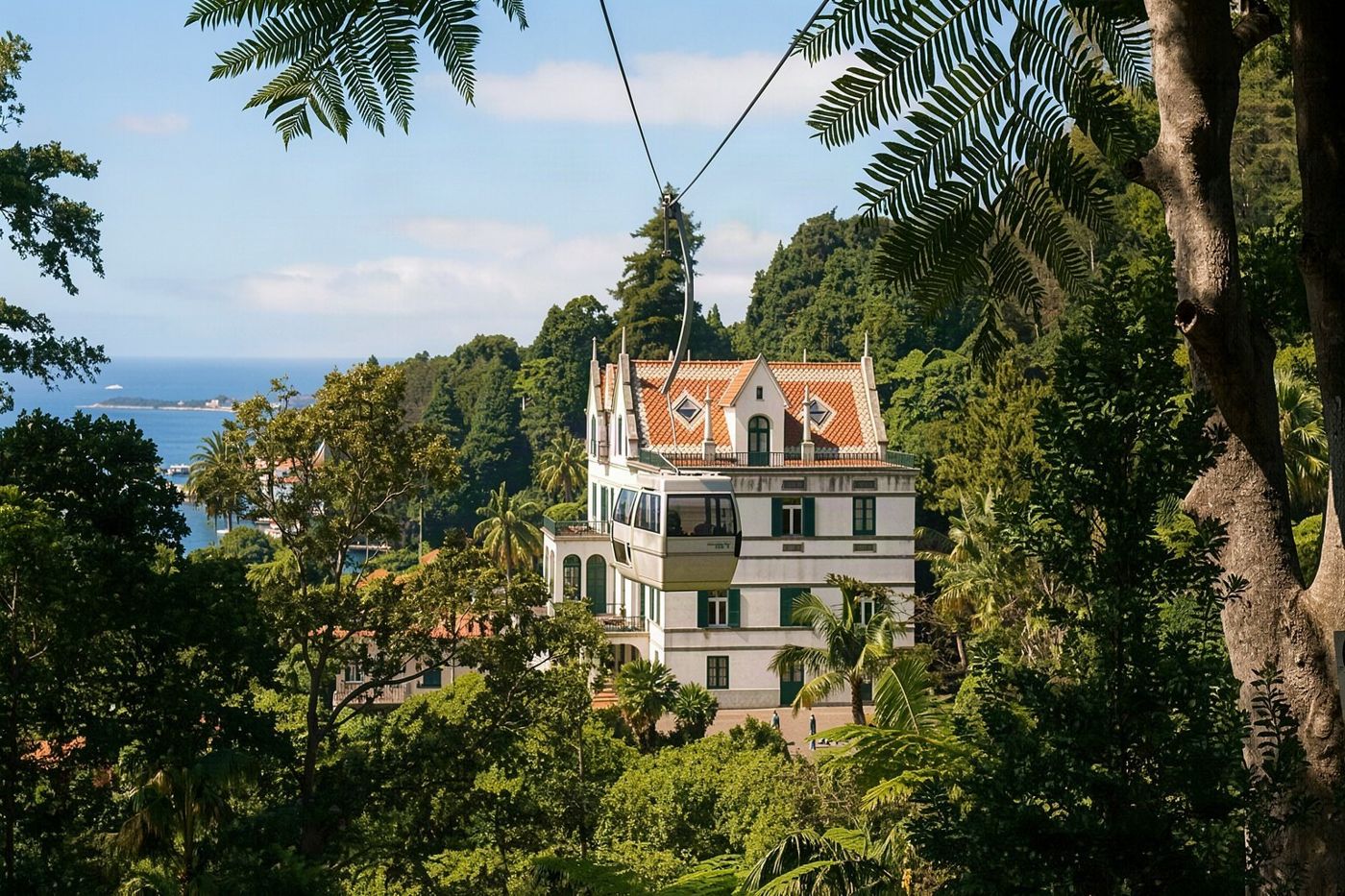 Eine Seilbahnkabine, die nach oben fährt, wobei die Stadt Funchal und ihre Bucht im Hintergrund sichtbar sind.