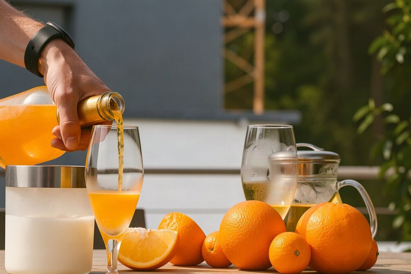 Une bouteille en verre contenant une boisson orange trouble placée à côté de plusieurs oranges fraîches entières sur fond blanc.