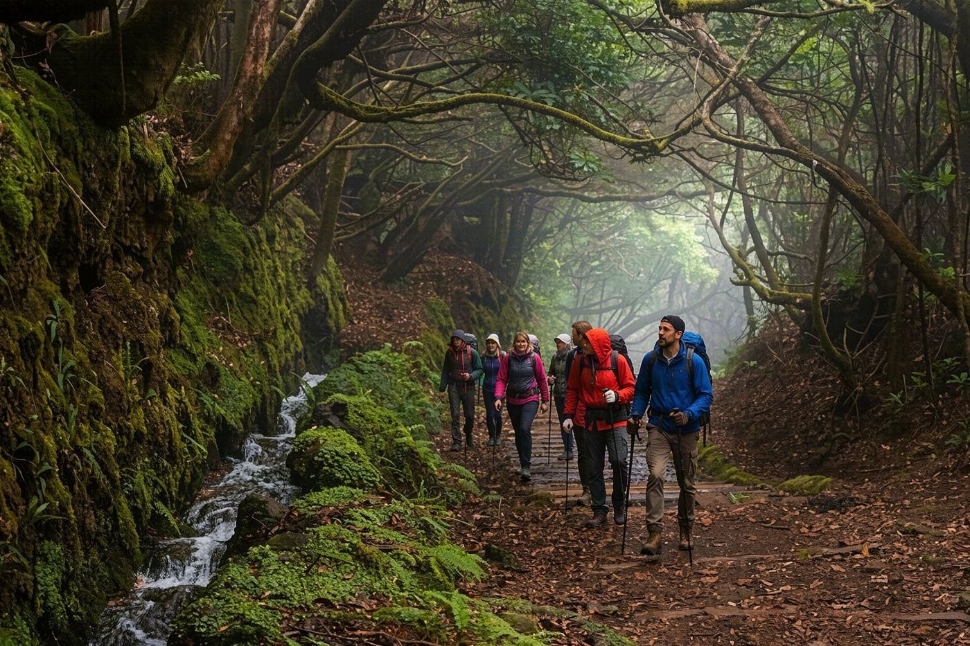 A small group of tourists listening to a guide pointing out features along a narrow forest path.