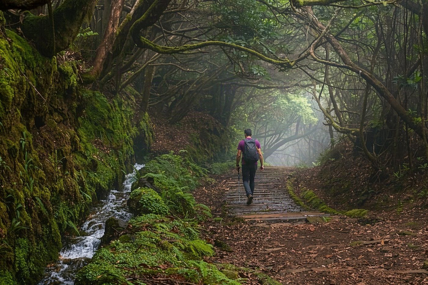 A walker on a narrow trail running alongside a stone-lined water channel.