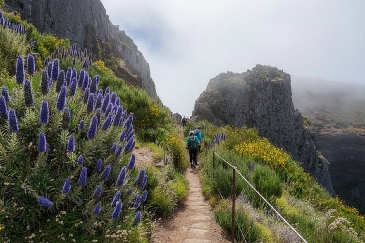 Walkers navigating a stone path descending through misty forest terrain near Pico Ruivo.