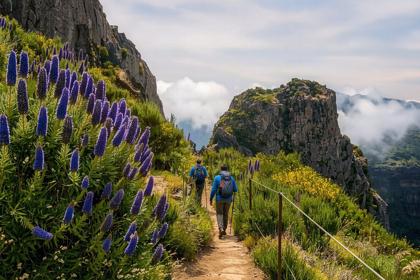 A group of walkers traversing a high-altitude ridge trail with dramatic clouds and green slopes below.