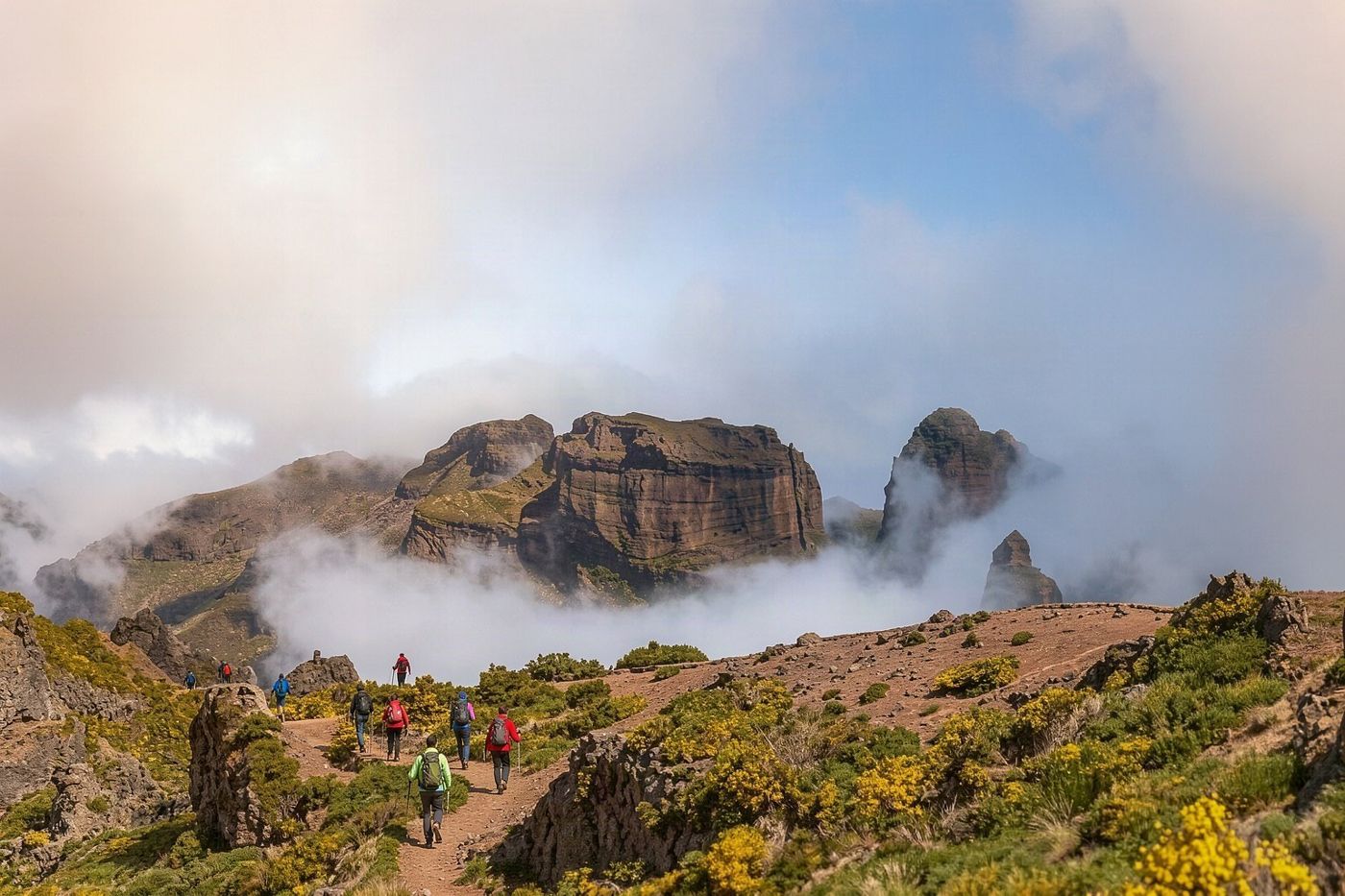 Walkers preparing for a trek towards the highest peak in the Madeira mountains.