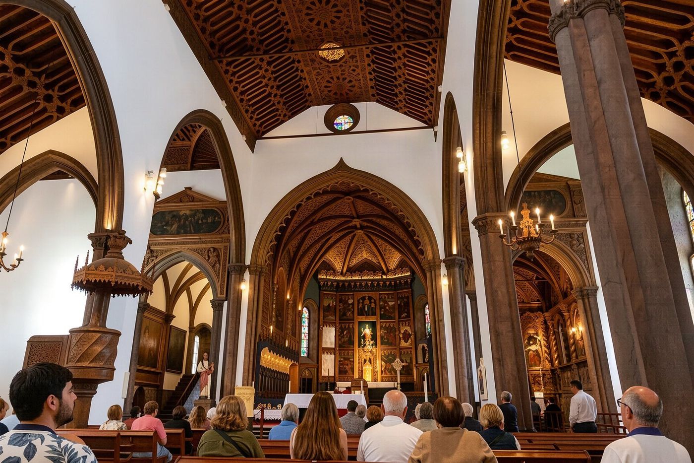 Eine kunstvolle Holzdecke mit komplexen geometrischen Mustern innerhalb einer Kathedrale.