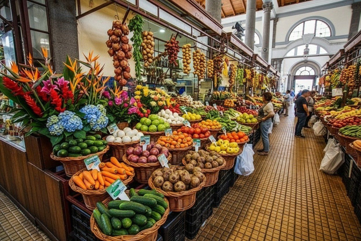Vivaci esposizioni di frutti esotici e orchidee all'interno dell'edificio storico del mercato a Funchal.