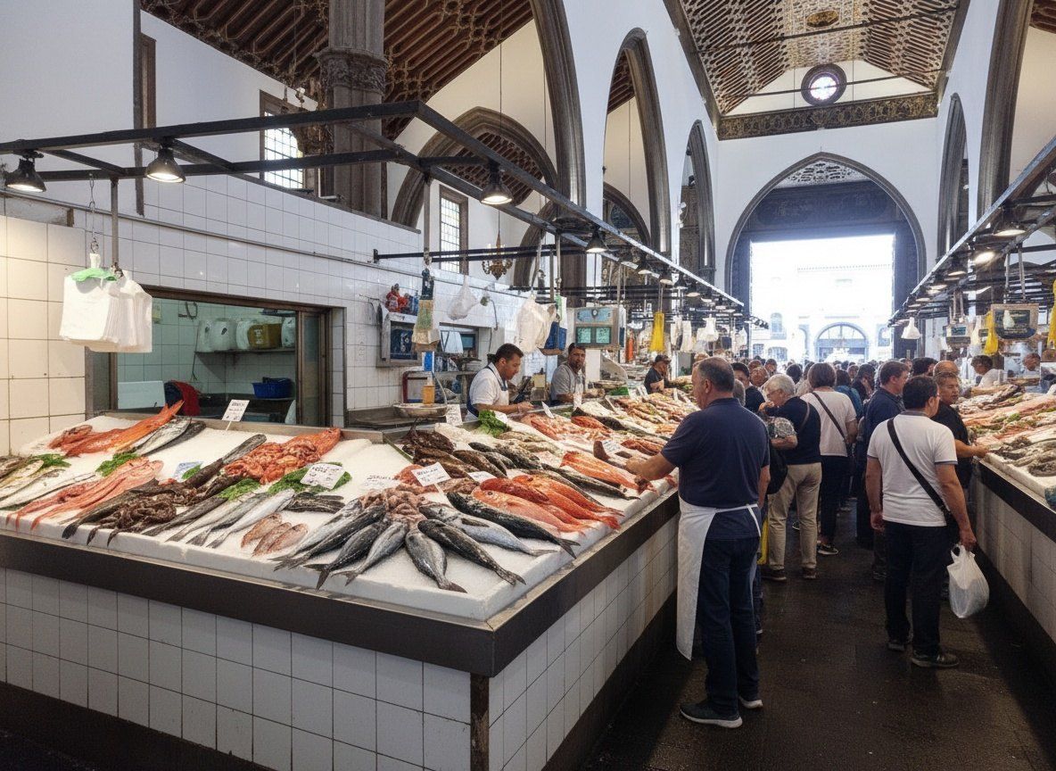 Busy shoppers and vendors inside the tiled halls of the Mercado dos Lavradores in Funchal.
