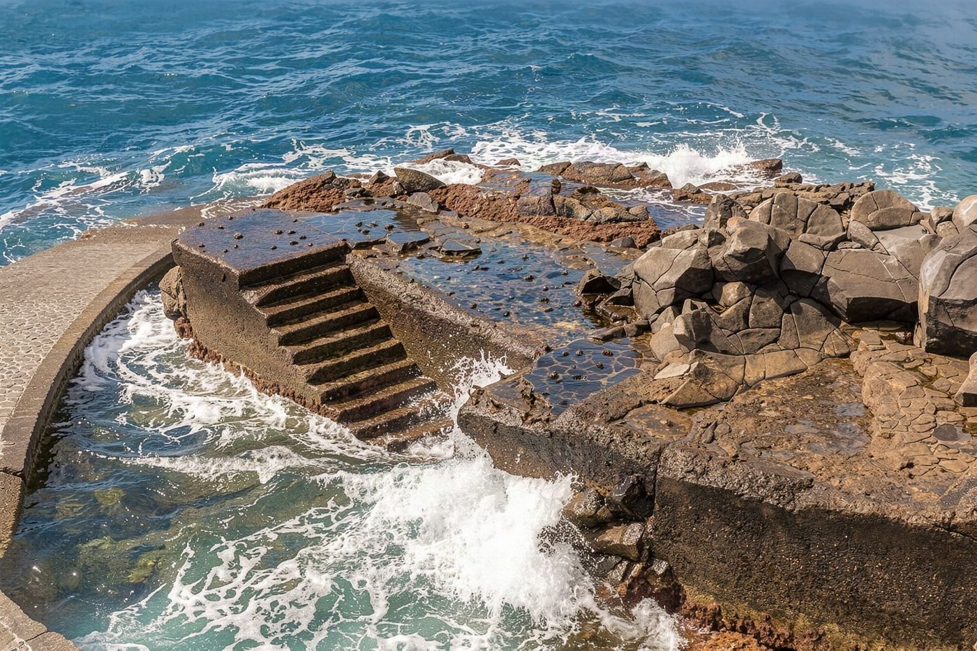 The natural rock pools and paved promenade of the Lido public bathing complex in Funchal.