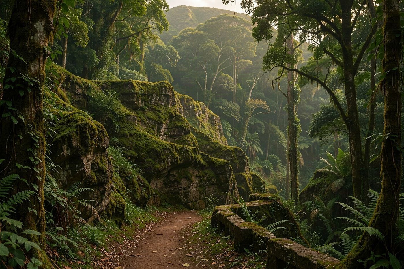 Un sendero de senderismo serpentea a través del denso bosque antiguo de Laurisilva encima de Santana.