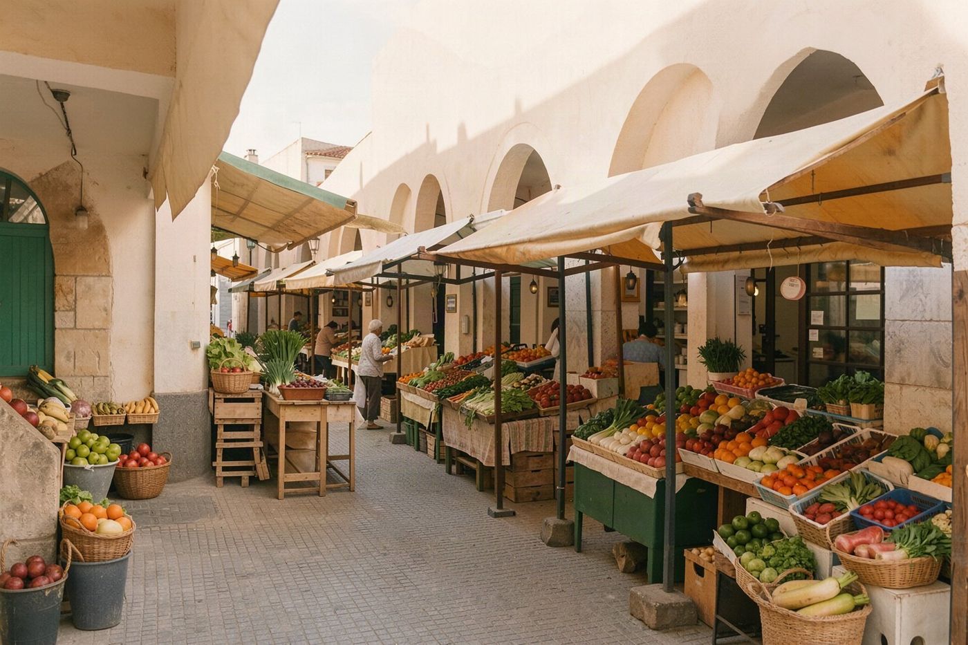 Filas de puestos de mercado llenos de frutas y verduras frescas y vibrantes.