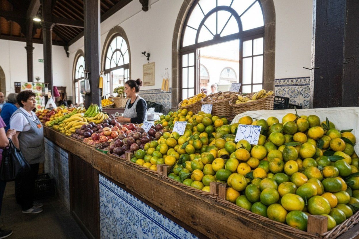 Des étals colorés de fruits tropicaux frais et de produits locaux à l'intérieur du Mercado dos Lavradores historique.