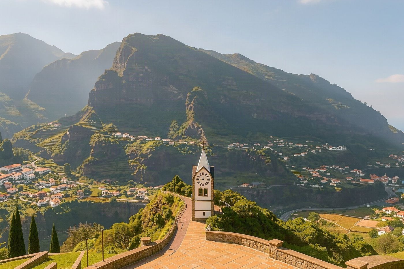 A bright, sunlit view from a high vantage point looking down over the curved bay and city of Funchal.