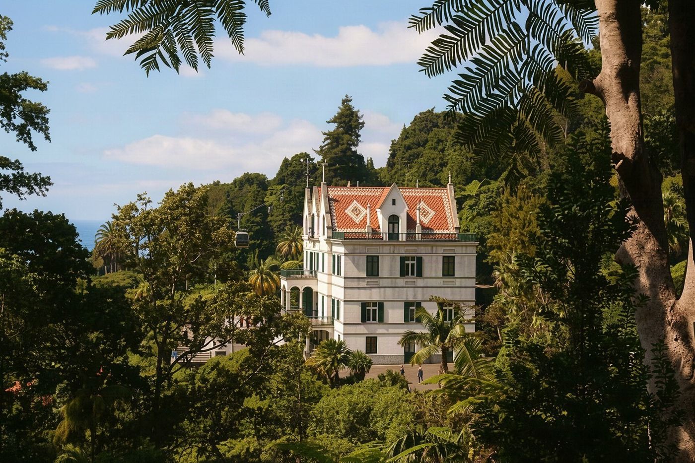 The red and yellow cable car cabins moving up the steep hillside towards the village of Monte above Funchal.