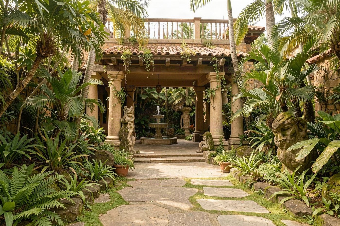 Ein üppiger tropischer Garten mit einem zentralen Brunnen und exotischen Pflanzen, die ein Gebäude umgeben.