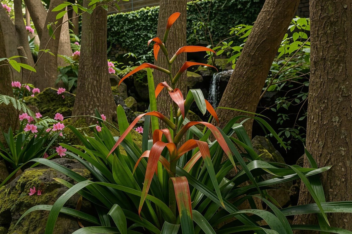 Une végétation tropicale luxuriante et des azalées en fleurs dans les jardins de Monte Palace, avec des pentes montagneuses brumeuses en arrière-plan.