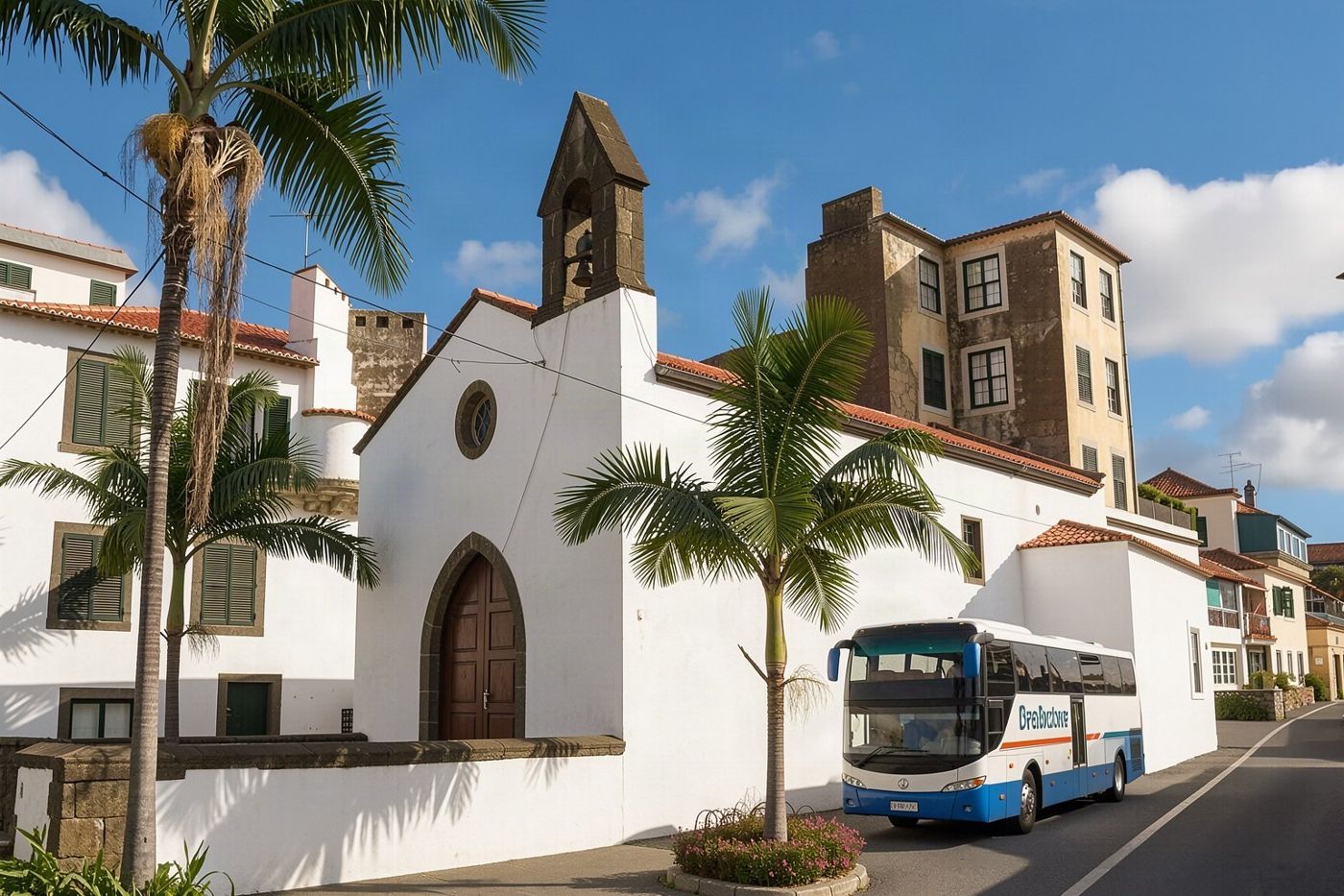 A bus travels along a winding road with views of the ocean and mountains near Funchal.