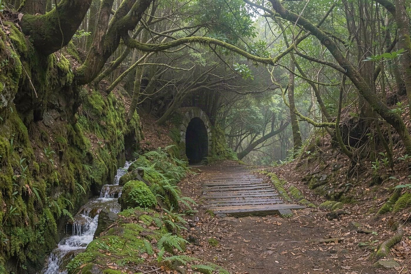 La oscura abertura de un túnel tallado en la cara rocosa a lo largo de una ruta de senderismo.