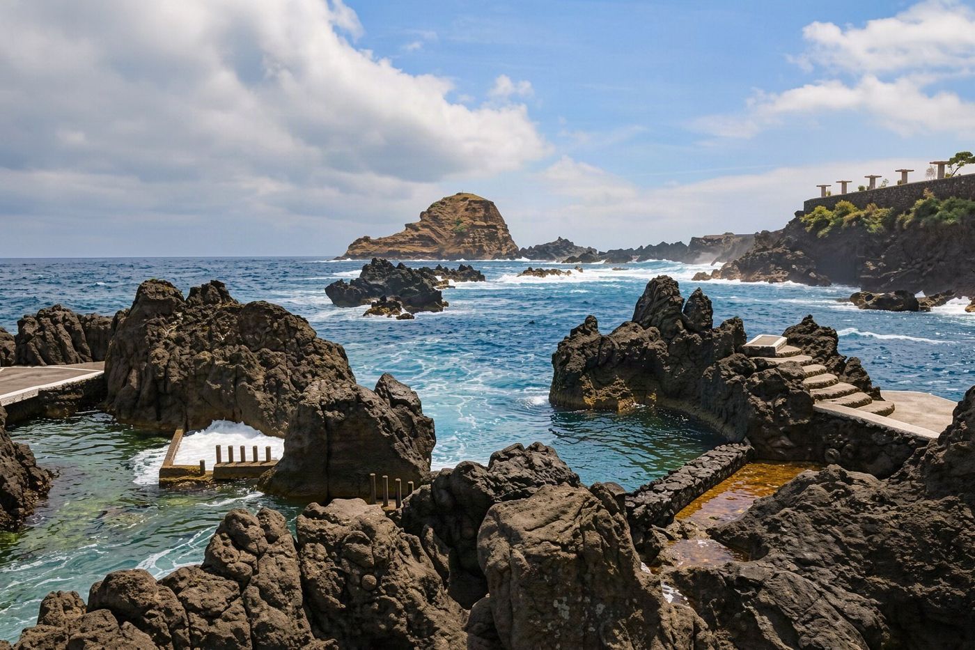 Clear blue water contained within natural volcanic rock formations used for swimming at Porto Moniz.
