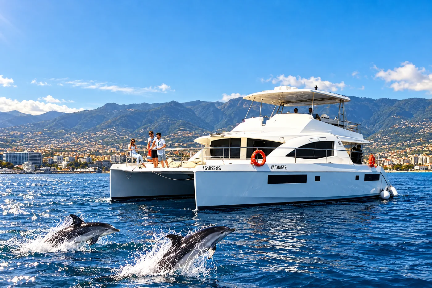 A catamaran off Funchal with two dolphins breaking the surface beside it