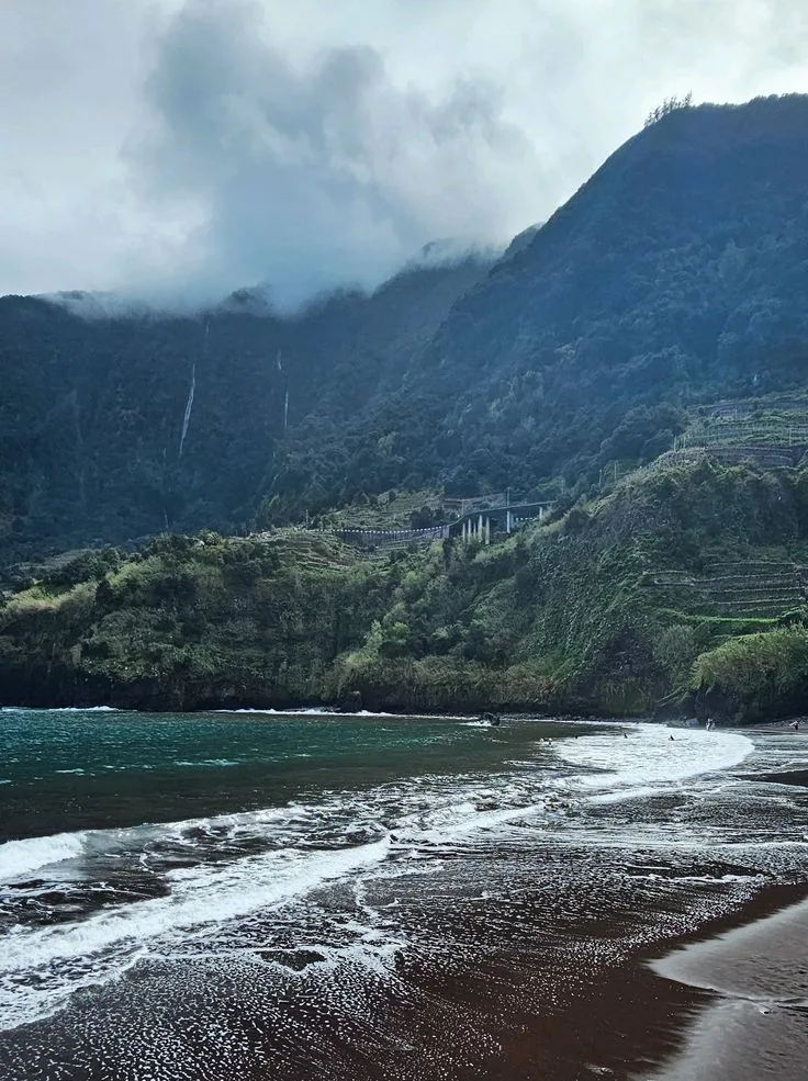 Black sand under the cliffs