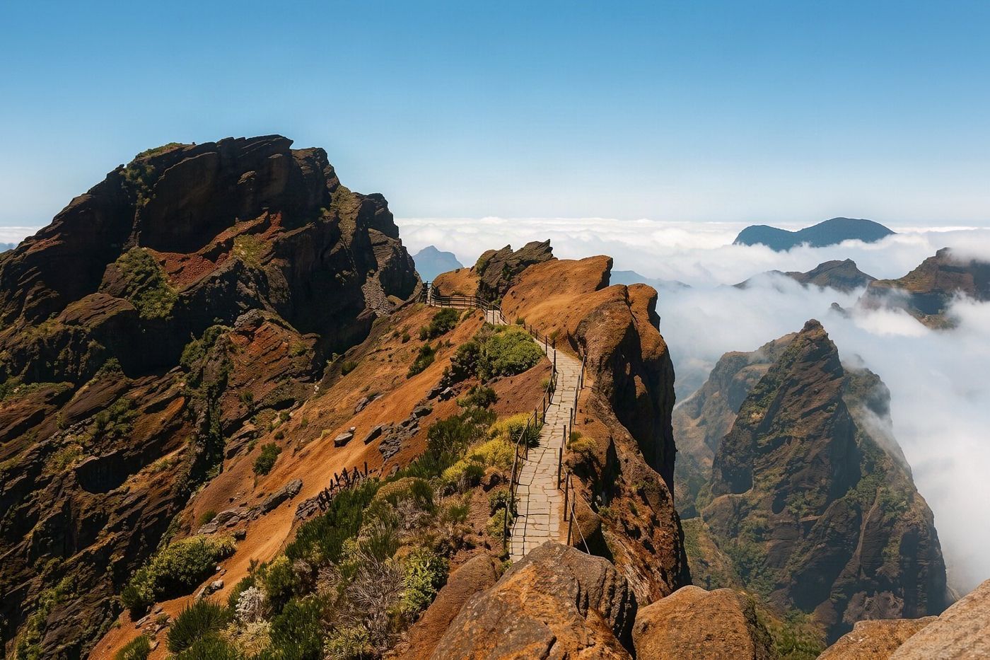La cima más alta de Madeira se alza sobre una capa de nubes blancas durante la luz de la madrugada.