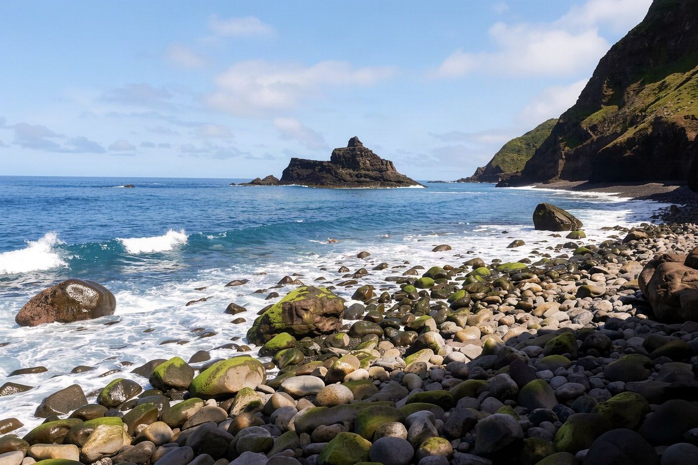 A small pebble beach surrounded by steep cliffs at Ponta do Sol on the southern coast of Madeira.