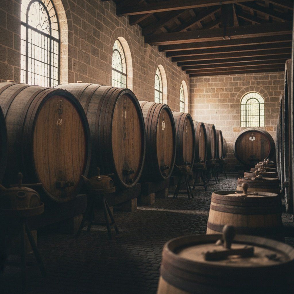De grands tonneaux en bois sont empilés dans une cave sombre à la Cave Blandy's, historique cave à vin de Madère.