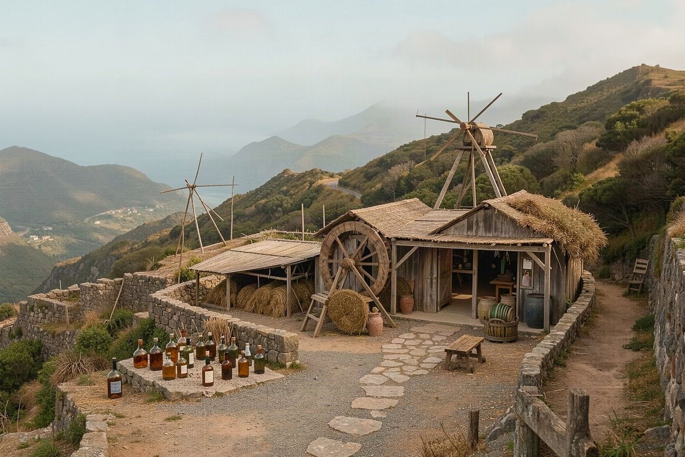Bottles of Rum da Madeira are displayed near the historic Engenho da Calheta mill.