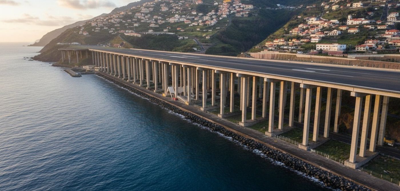 Long stretch of airport runway supported by numerous concrete pillars extending over the blue sea surface.