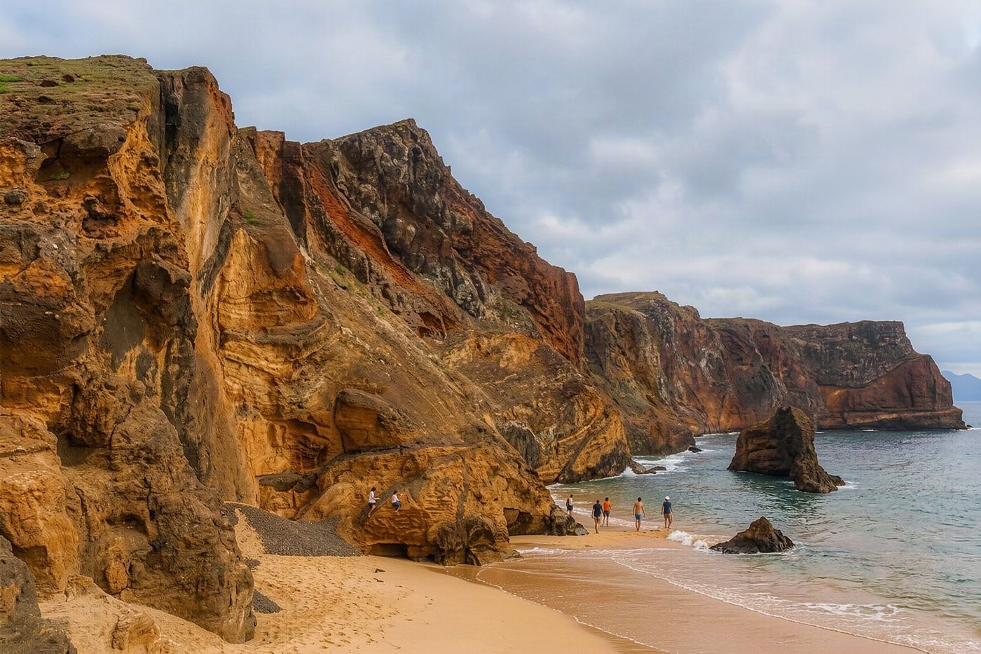 A wide sandy beach area with visitors walking along the shoreline in Machico.