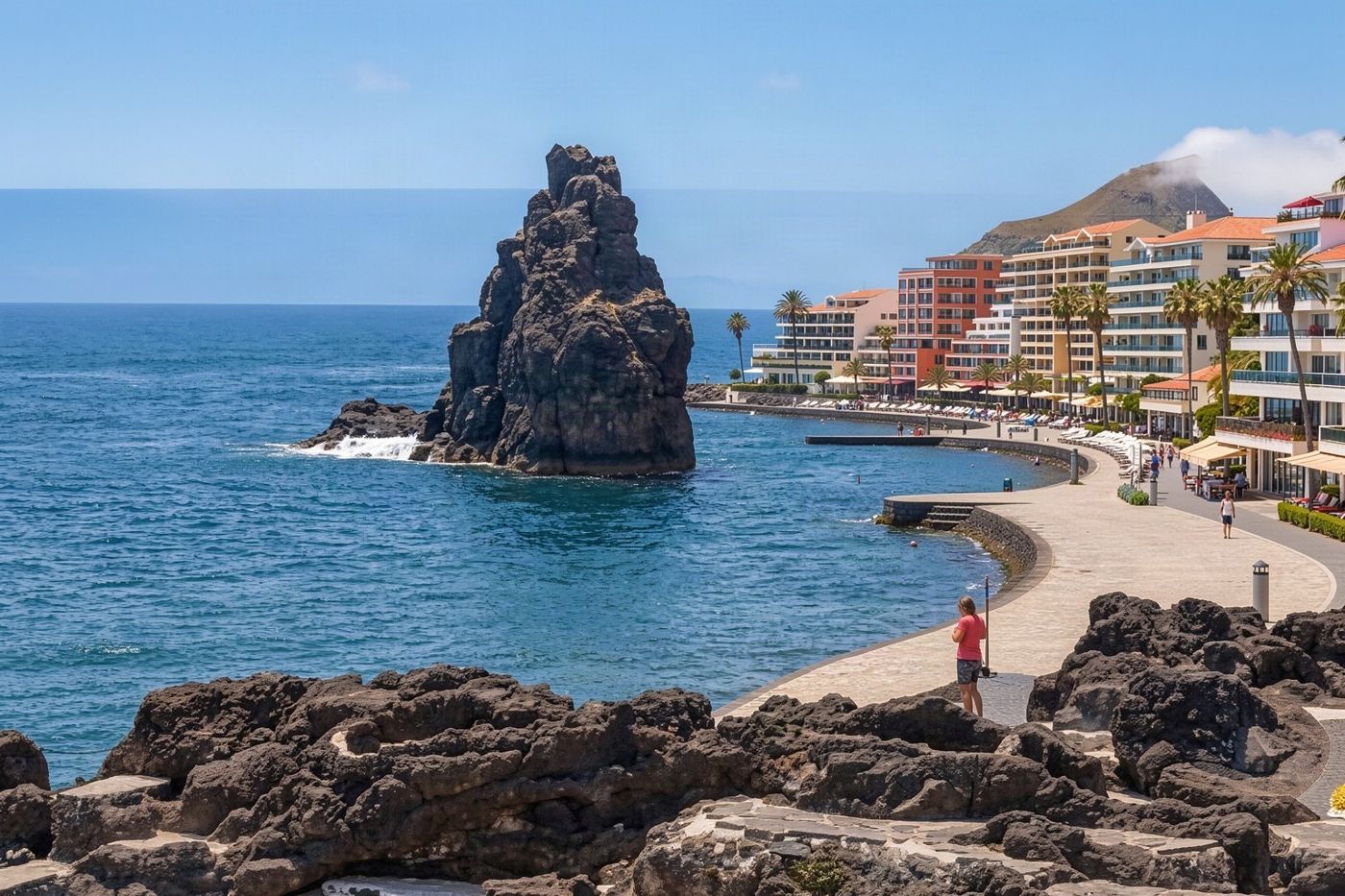 Die breite Uferpromenade und Hotelzone des Lido-Gebiets in Funchal mit dem Ozean im Hintergrund.