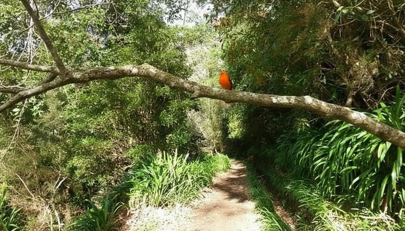 A small bright orange Madeira firecrest bird sitting on a leafy branch in the forest.