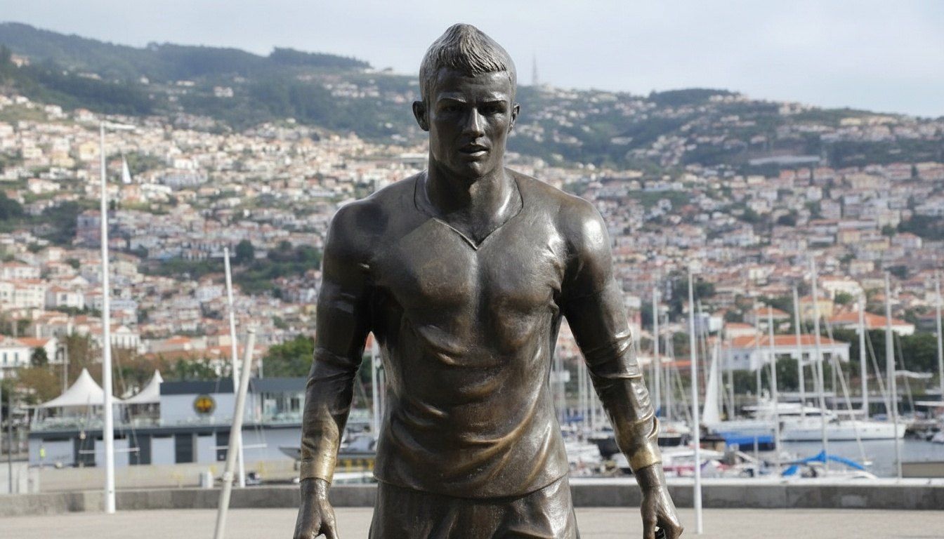 A life-size bronze statue of a footballer standing on a pedestal near the water.