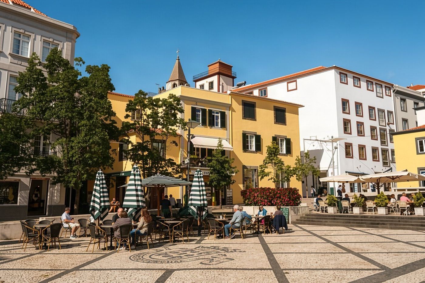 A view of the historic centre of Funchal featuring the cathedral and nearby streets.
