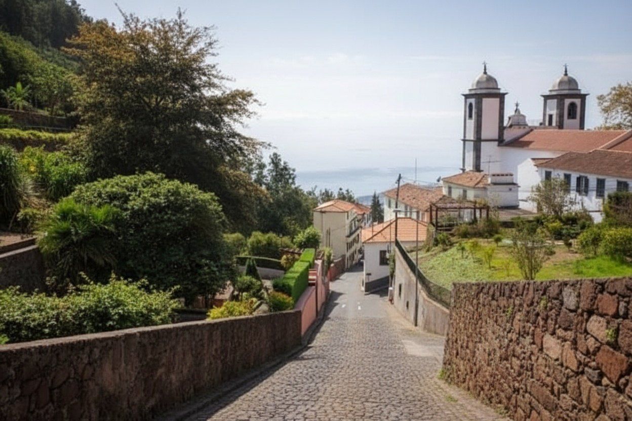 A paved street in the historic district with traditional buildings and a church in the distance.
